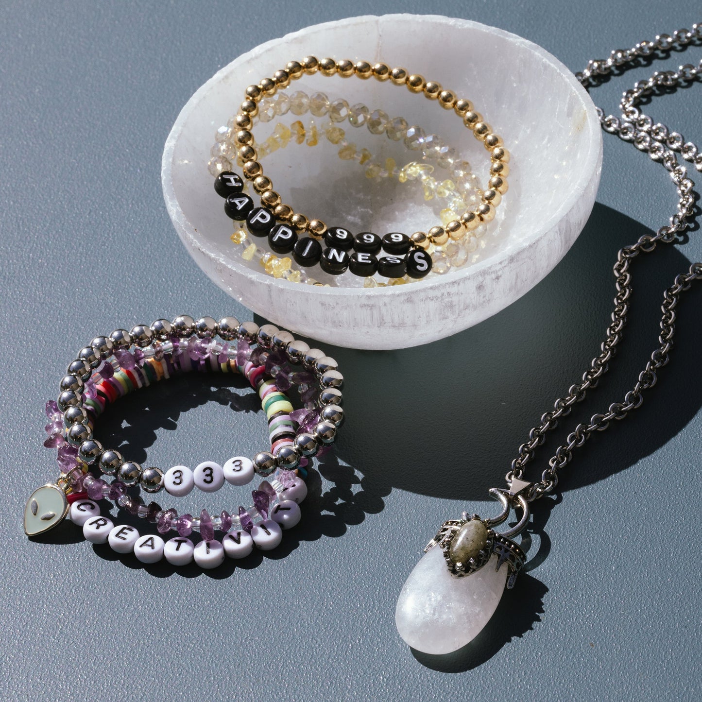 Moon Bezel Semiprecious Quartz Pendant on 28" Necklace Chain