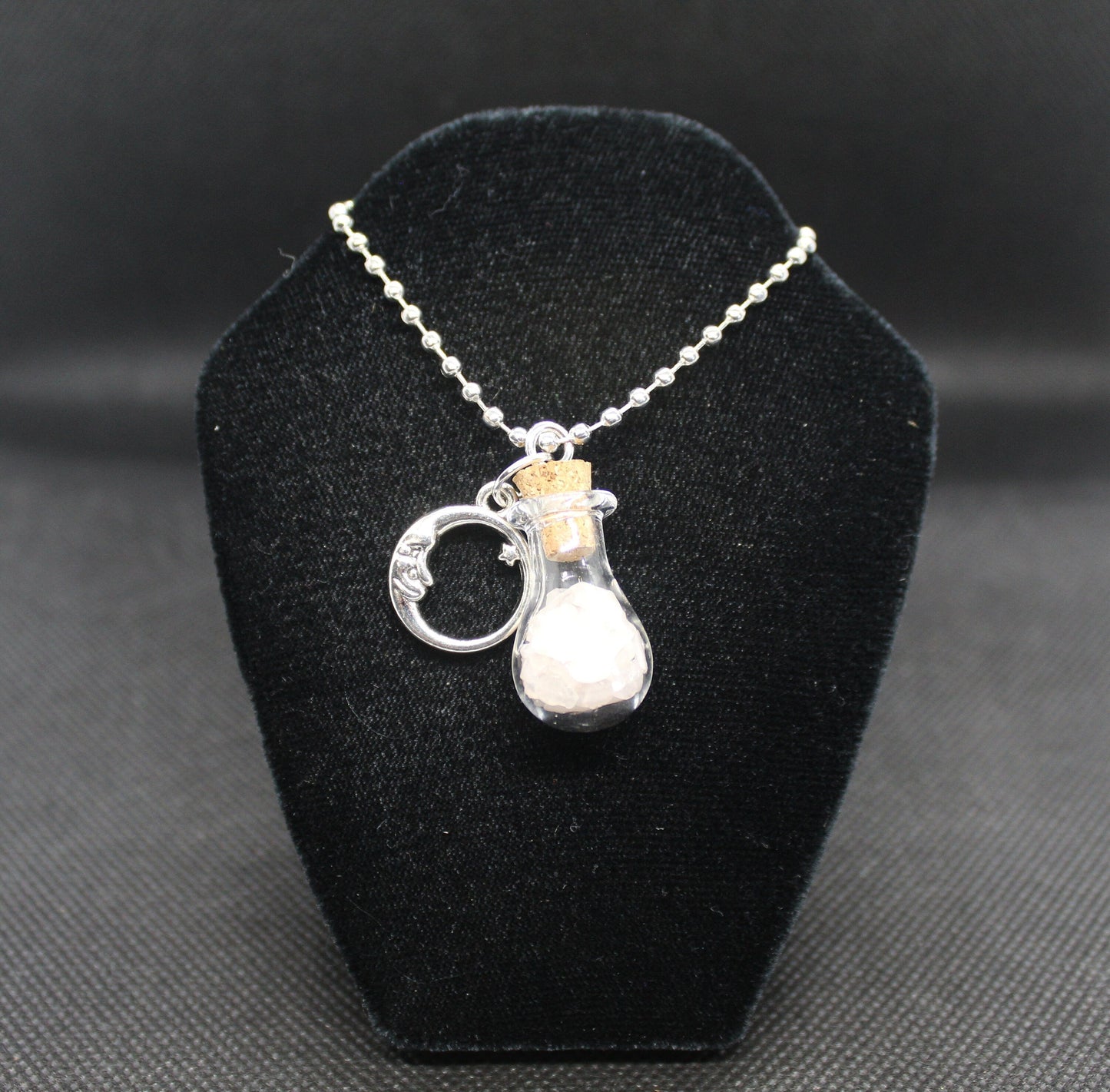 Rose Quartz Glass Potion Bottle Moon Necklace Crystal Witch Witchy Jewelry Witchcraft Wicca Wiccan Pagan Metaphysical