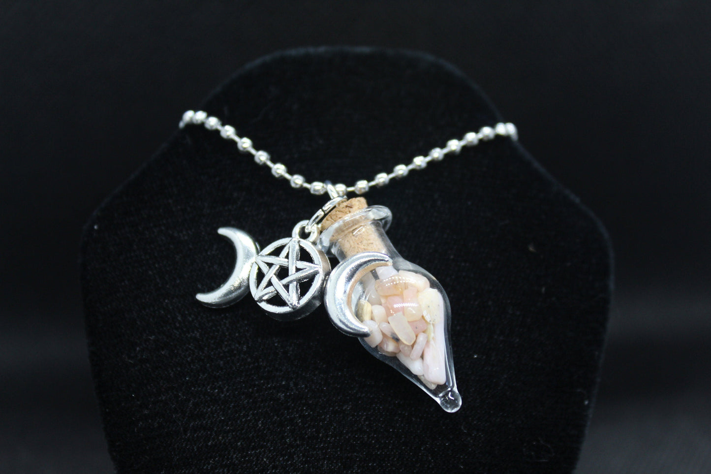 Pink Opal Glass Teardrop Triple Moon Necklace Crystal Witch Witchy Jewelry Witchcraft Wicca Wiccan Pagan Metaphysical